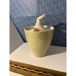 Vintage Ceramic Lidded Sugar Bowl Yellow Basketweave Fruit Motif Scroll Handle